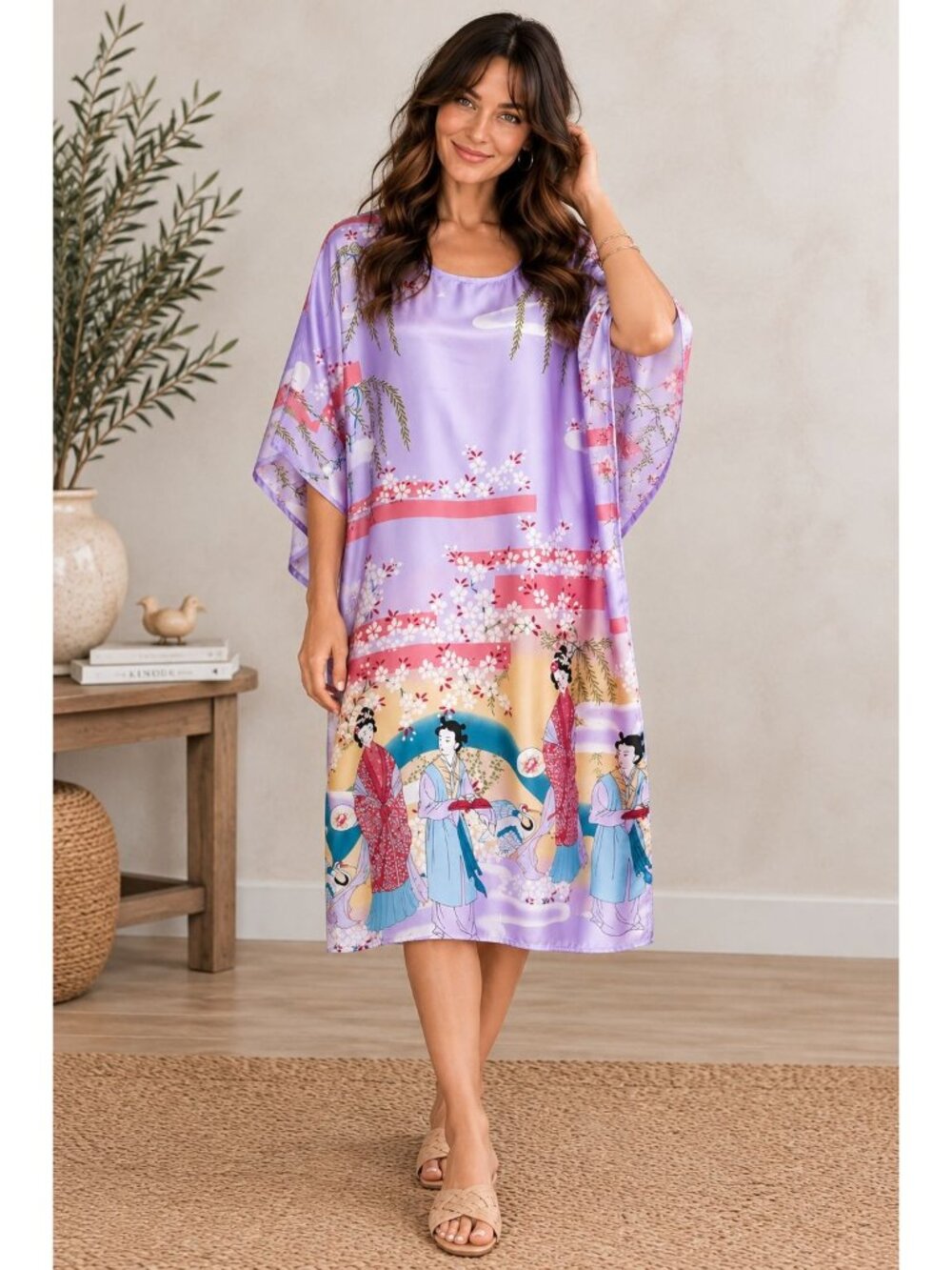 Vintage Oriental Village Silk Caftan Dress Geisha Print Kimono Sleeve